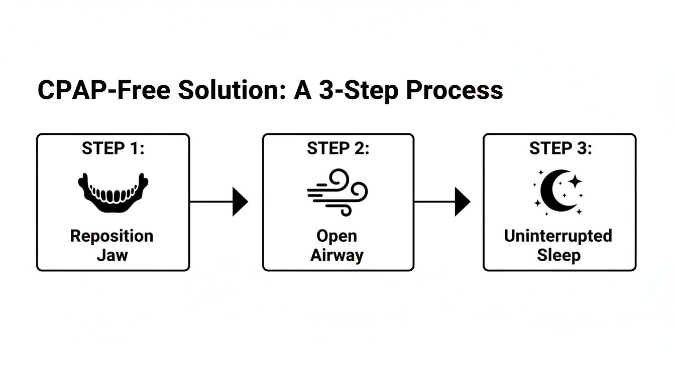 A flowchart illustrating a 3-step CPAP-free solution: Reposition Jaw, Open Airway, and Uninterrupted Sleep.
