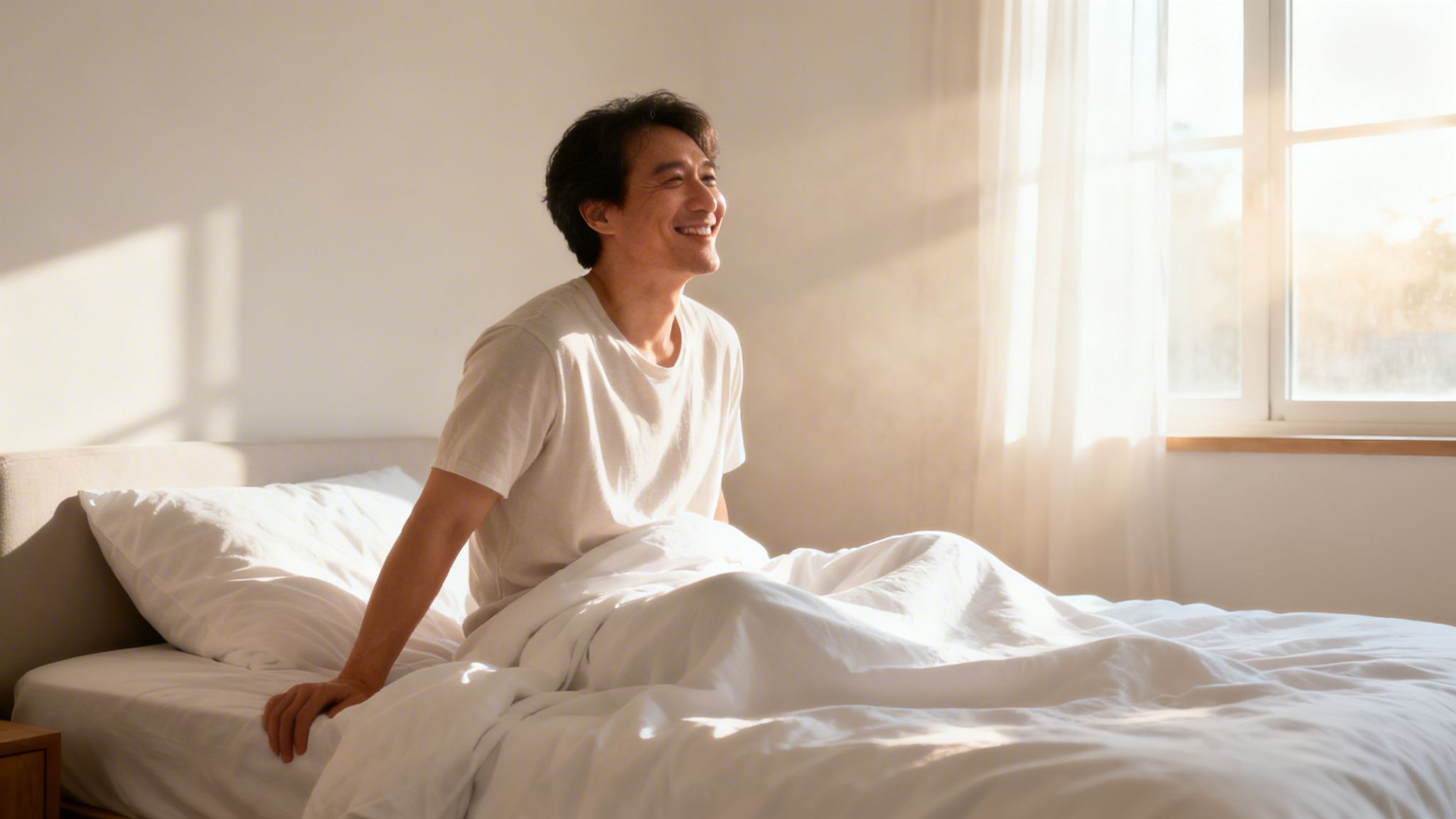 A smiling man sits up in a bright bed, looking happily towards a sunlit window.
