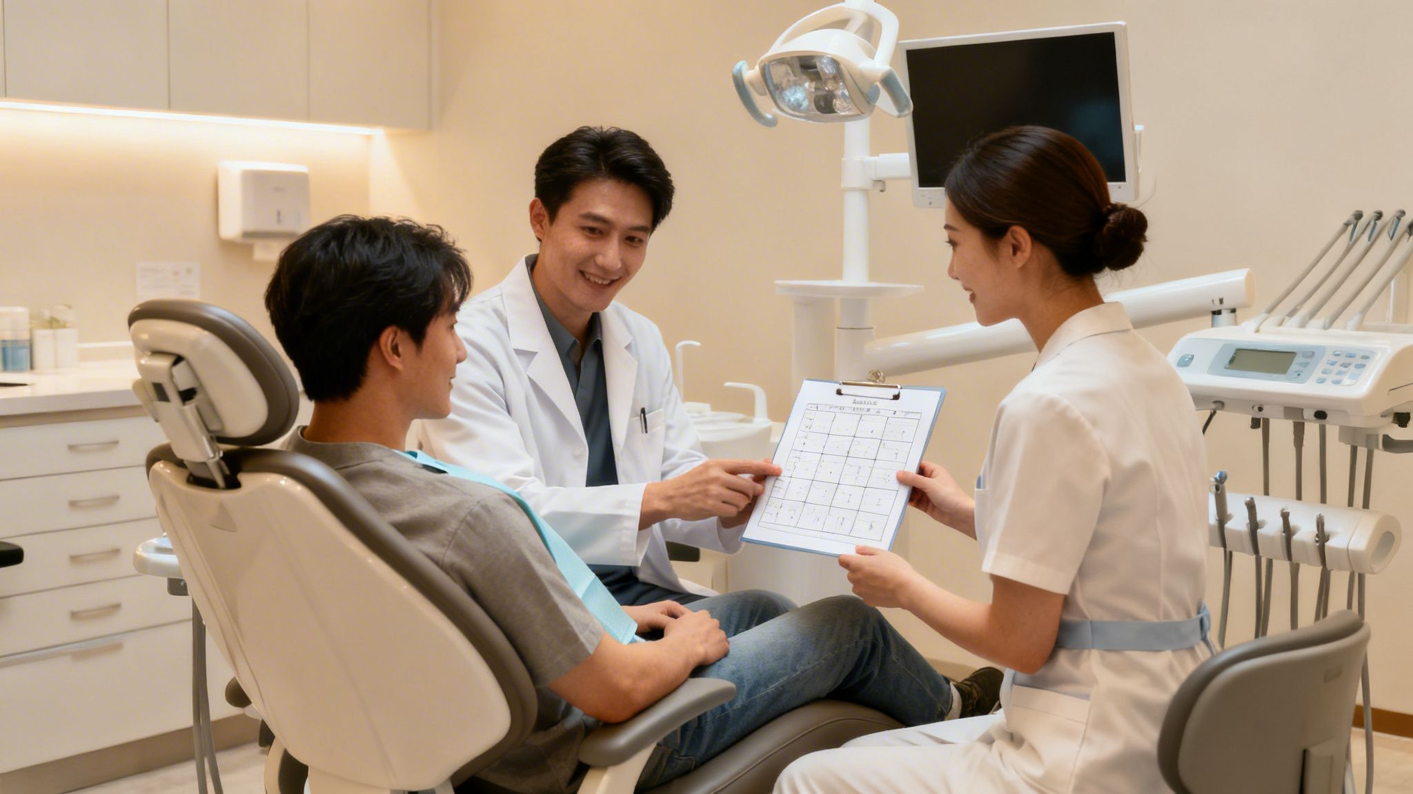 A male dentist and female dental assistant consult with a patient in a modern dental office, reviewing a chart.