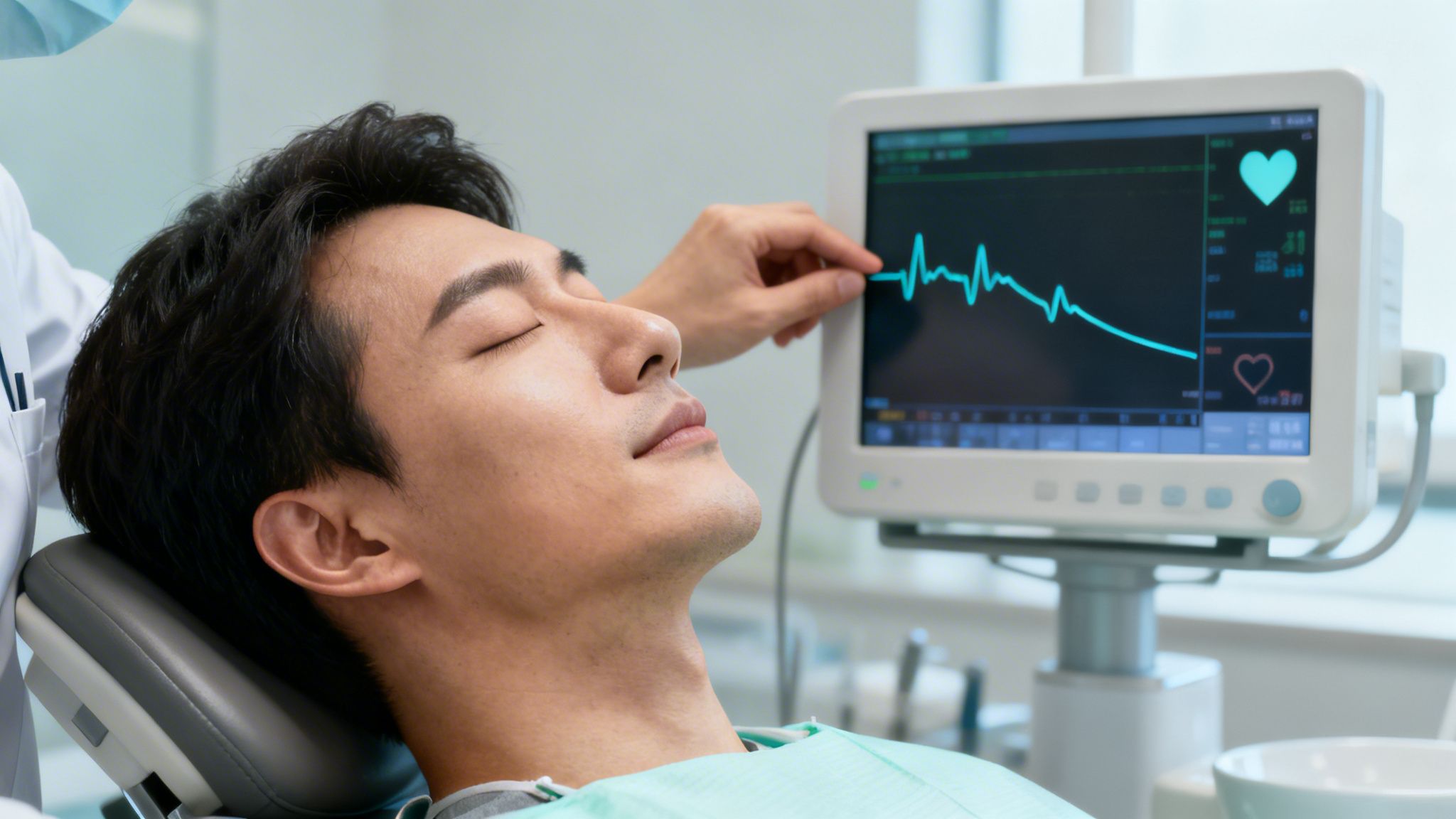 Man in dental chair with eyes closed, a hand points to a heart rate monitor.