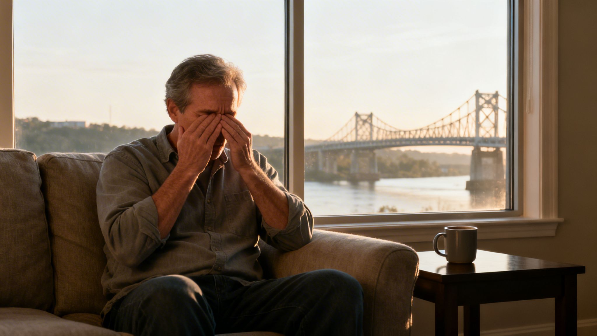 A man on a couch covers his face, looking tired, with a bridge outside his window.