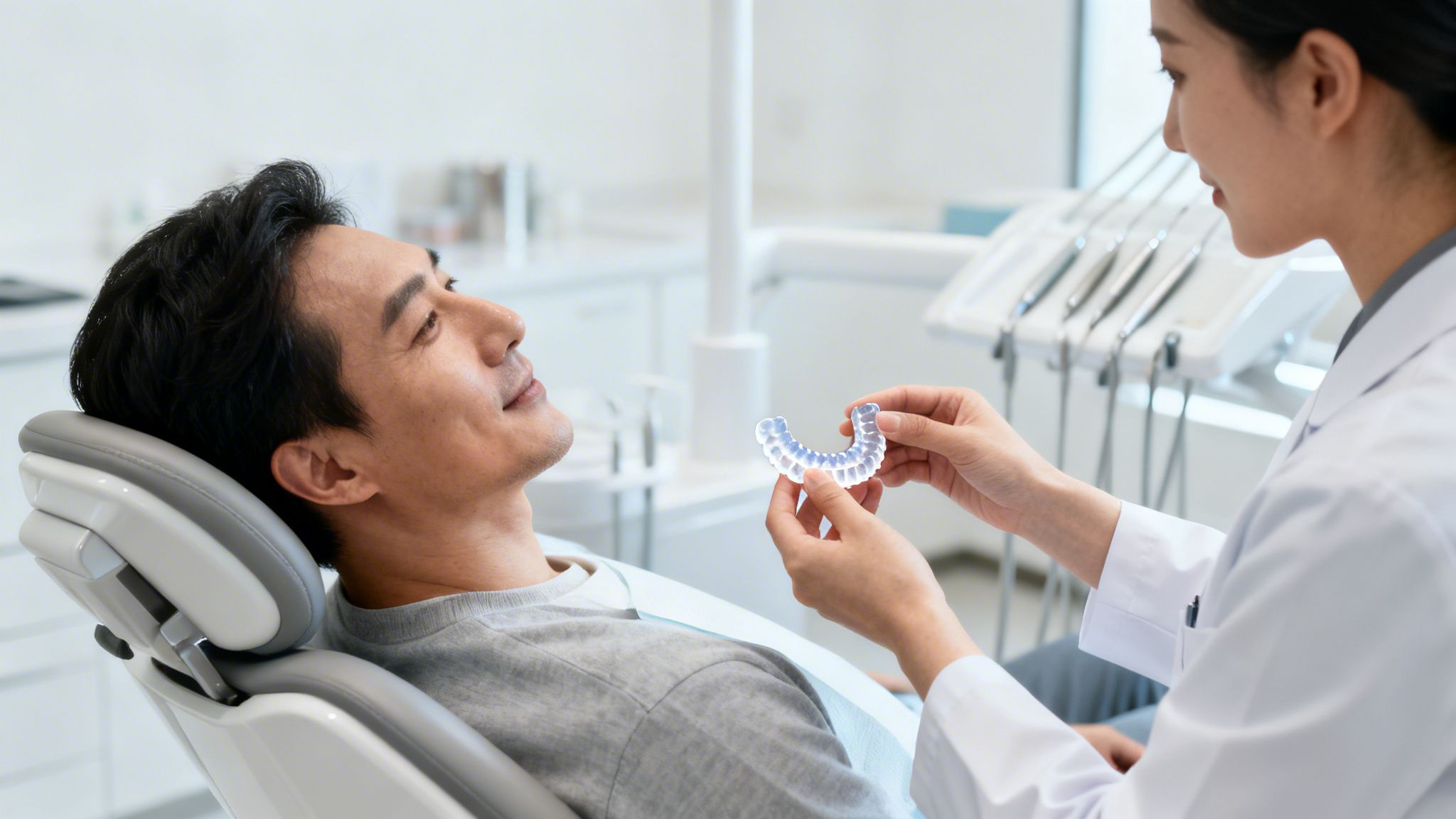 A female dentist shows a clear dental aligner to a smiling male patient in a dental chair.