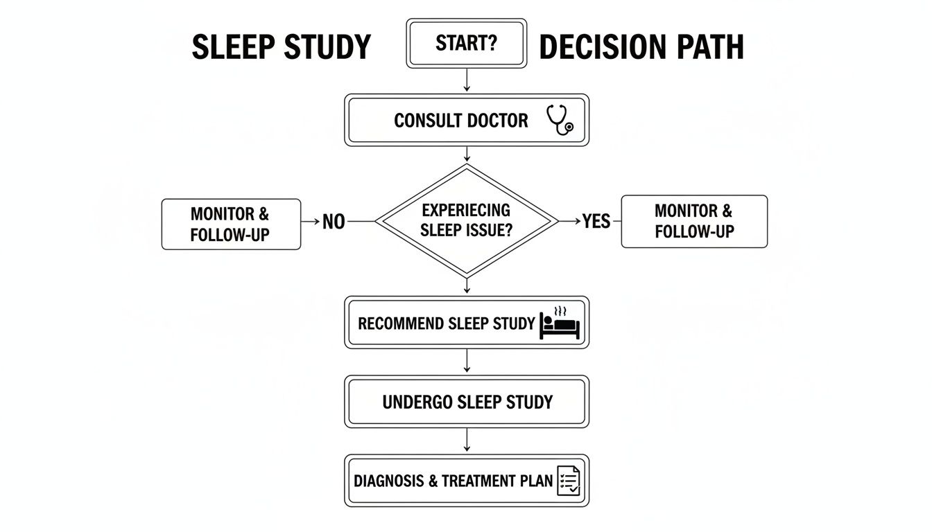 Flowchart illustrating the sleep study decision path, from initial doctor consultation to diagnosis and treatment.