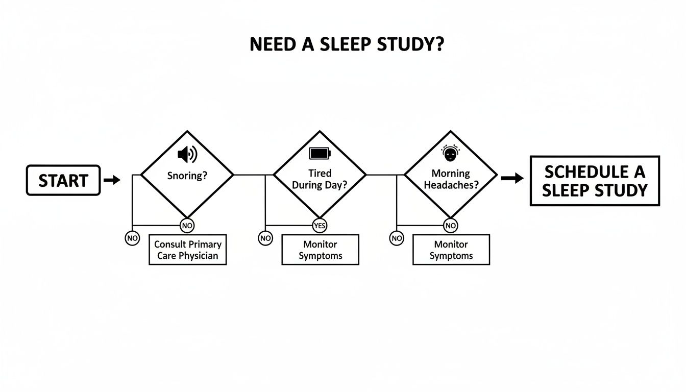 Flowchart outlining when to schedule a sleep study based on symptoms like snoring, daytime tiredness, and morning headaches.