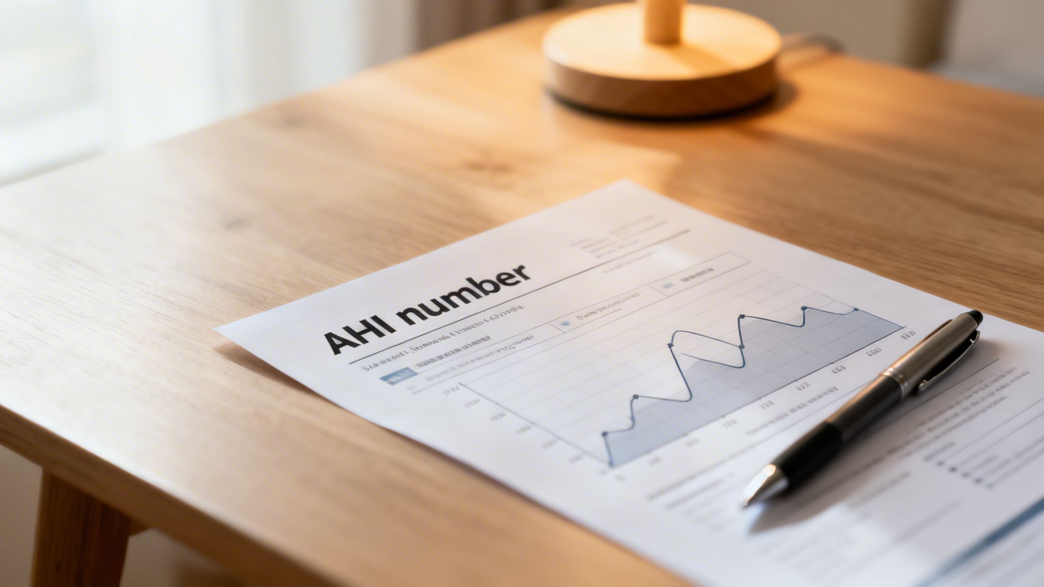 A document titled 'AHI number' showing a line graph, with a pen on a light wooden table.
