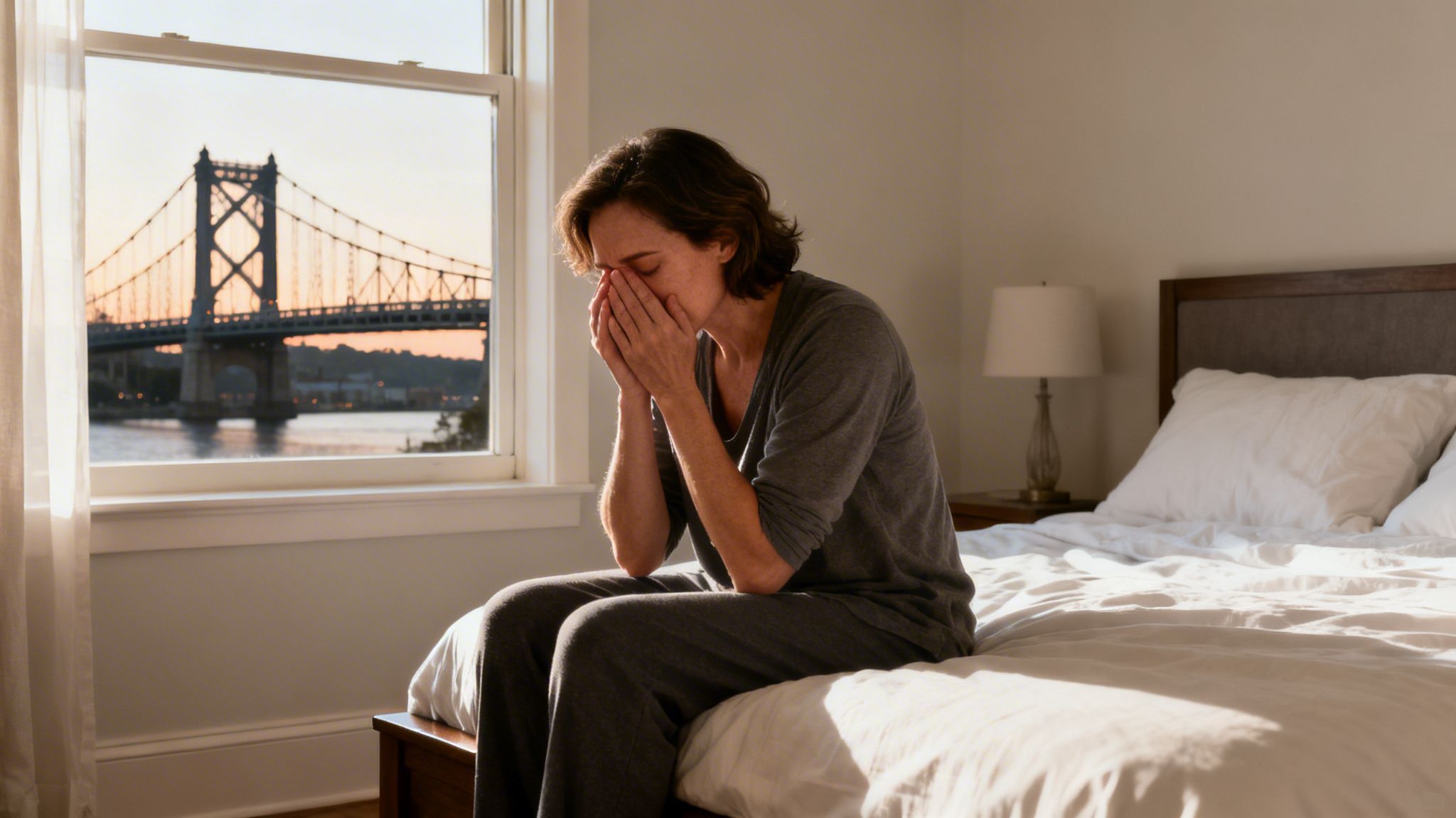 A woman sitting on a bed, covering her face, appearing distressed with a bridge view outside.