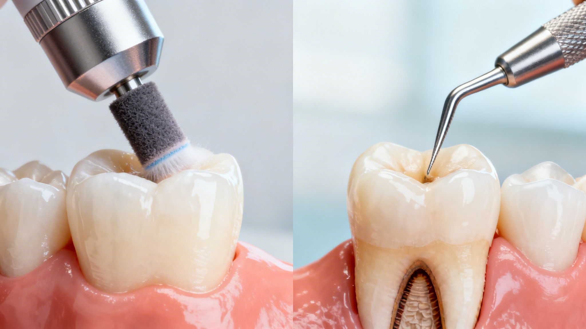Dental model demonstrating two procedures: tooth polishing on the left and examination with a dental explorer on the right.