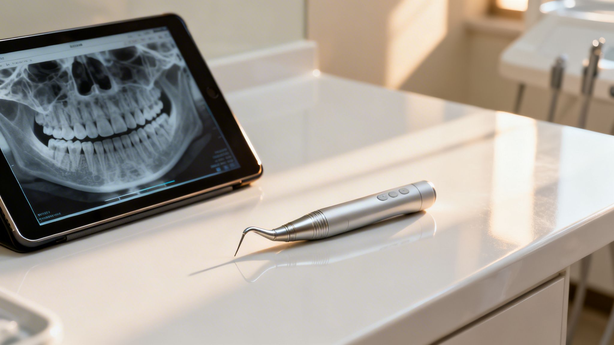 A tablet displaying a panoramic dental X-ray next to a modern dental tool on a white surface.