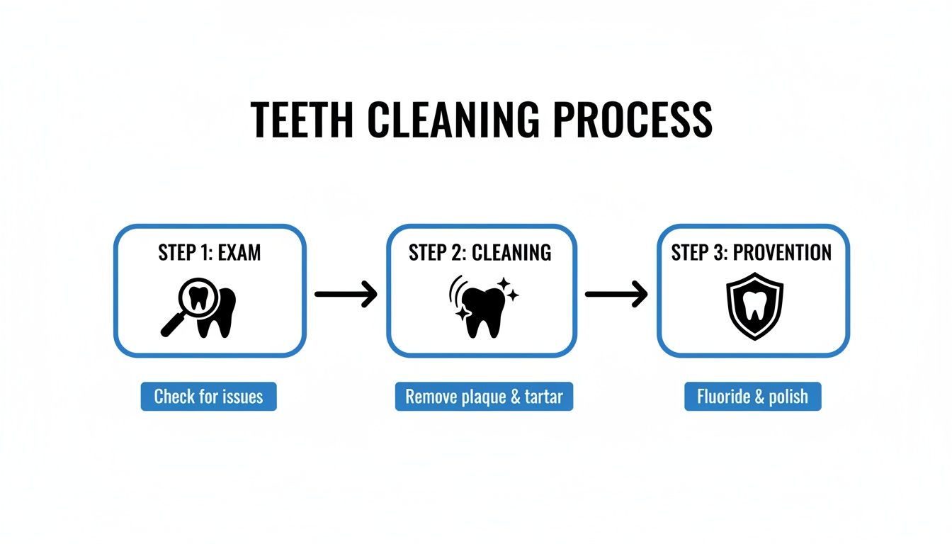 An infographic illustrating the three steps of a teeth cleaning process: exam, cleaning, and prevention.