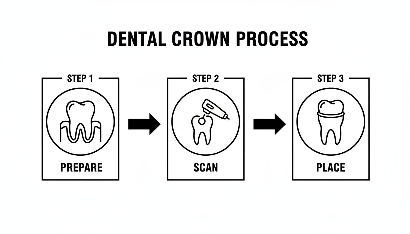 A clear illustration outlining the three steps of a dental crown procedure: prepare, scan, and place.