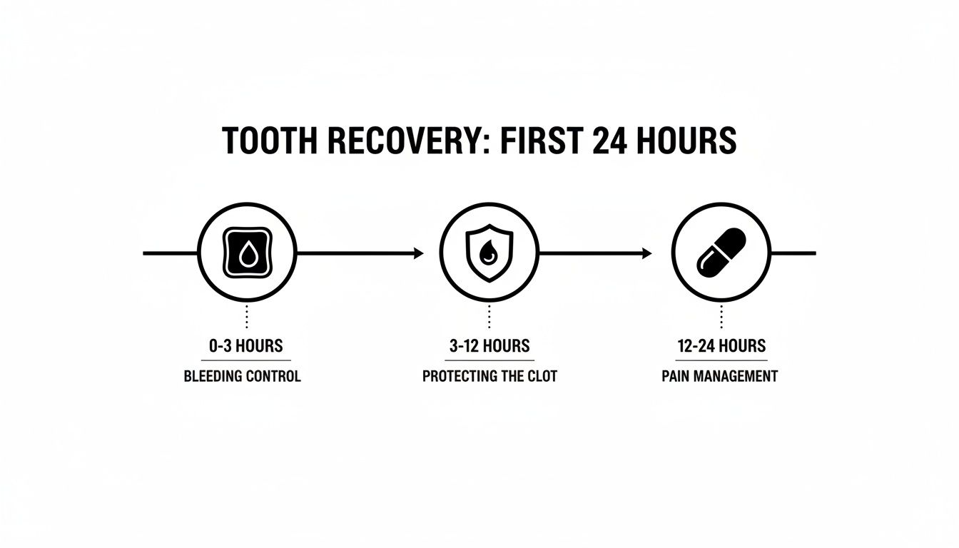 A 24-hour tooth recovery timeline showing three stages: bleeding control, protecting the clot, and pain management.