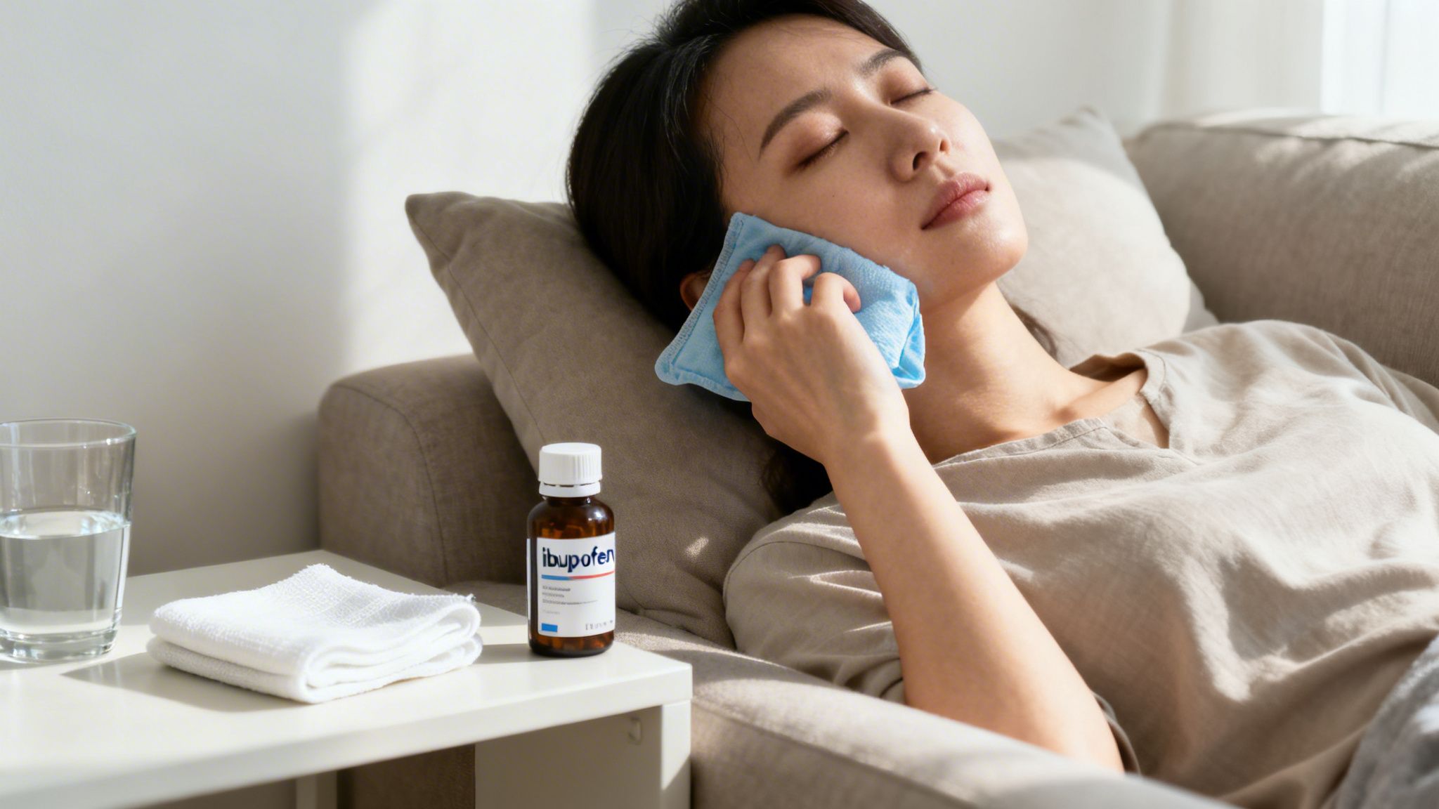 A woman with closed eyes rests on a couch, applying a cold compress to her cheek, with ibuprofen and water on a side table.