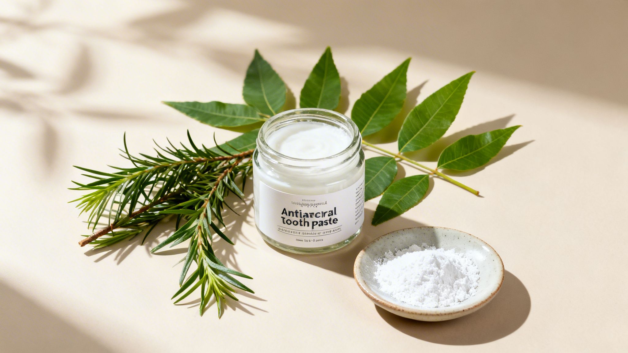 A jar of natural antibacterial toothpaste with white powder and fresh green herbs on a light background.