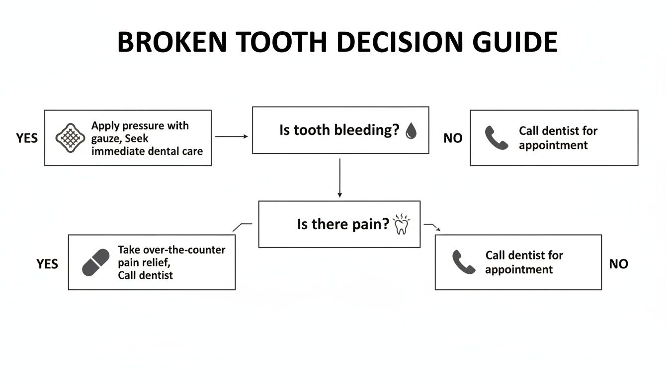 A broken tooth decision guide flowchart, addressing bleeding and pain for appropriate action.
