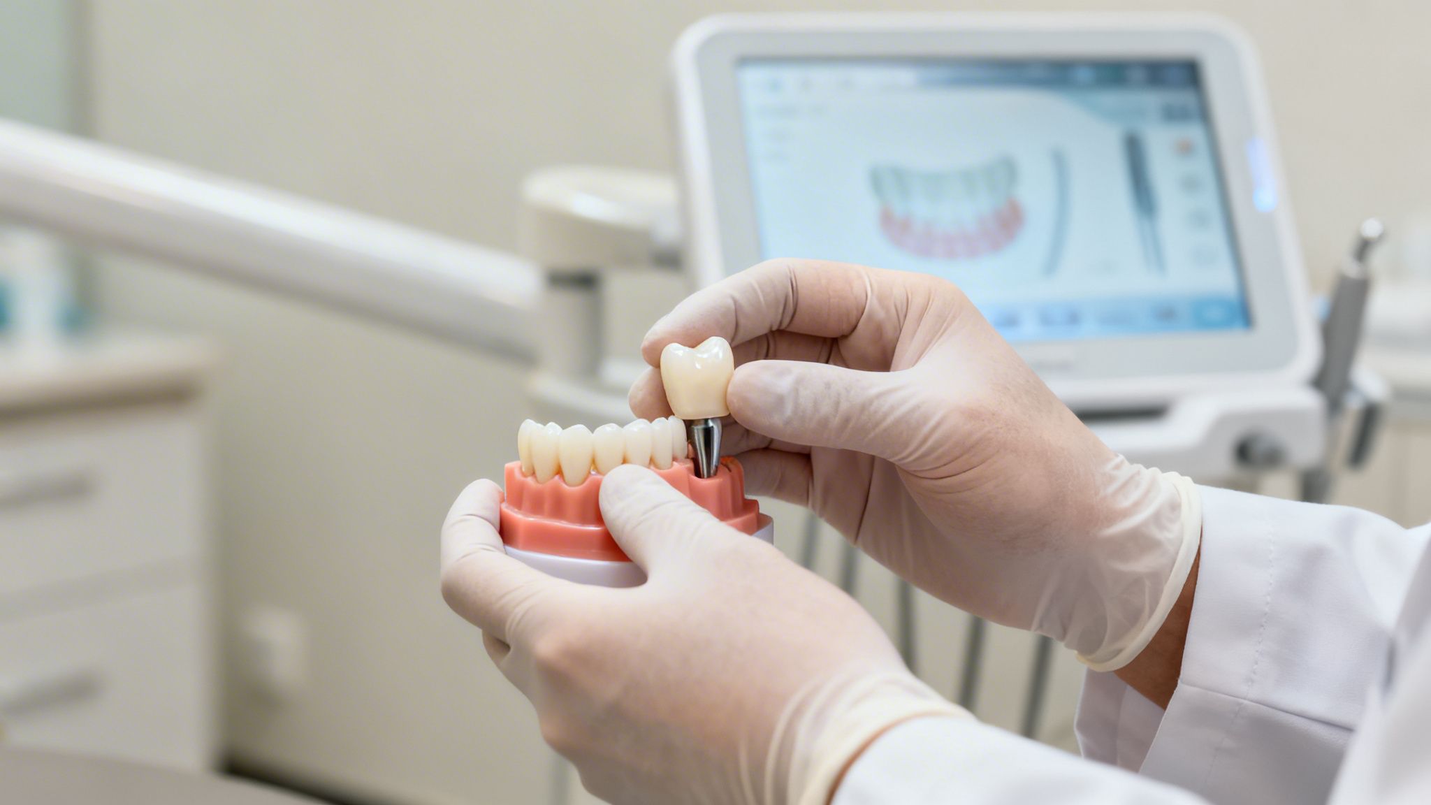 Dental professional in gloves demonstrates a dental implant crown on a tooth model in a clinic setting.