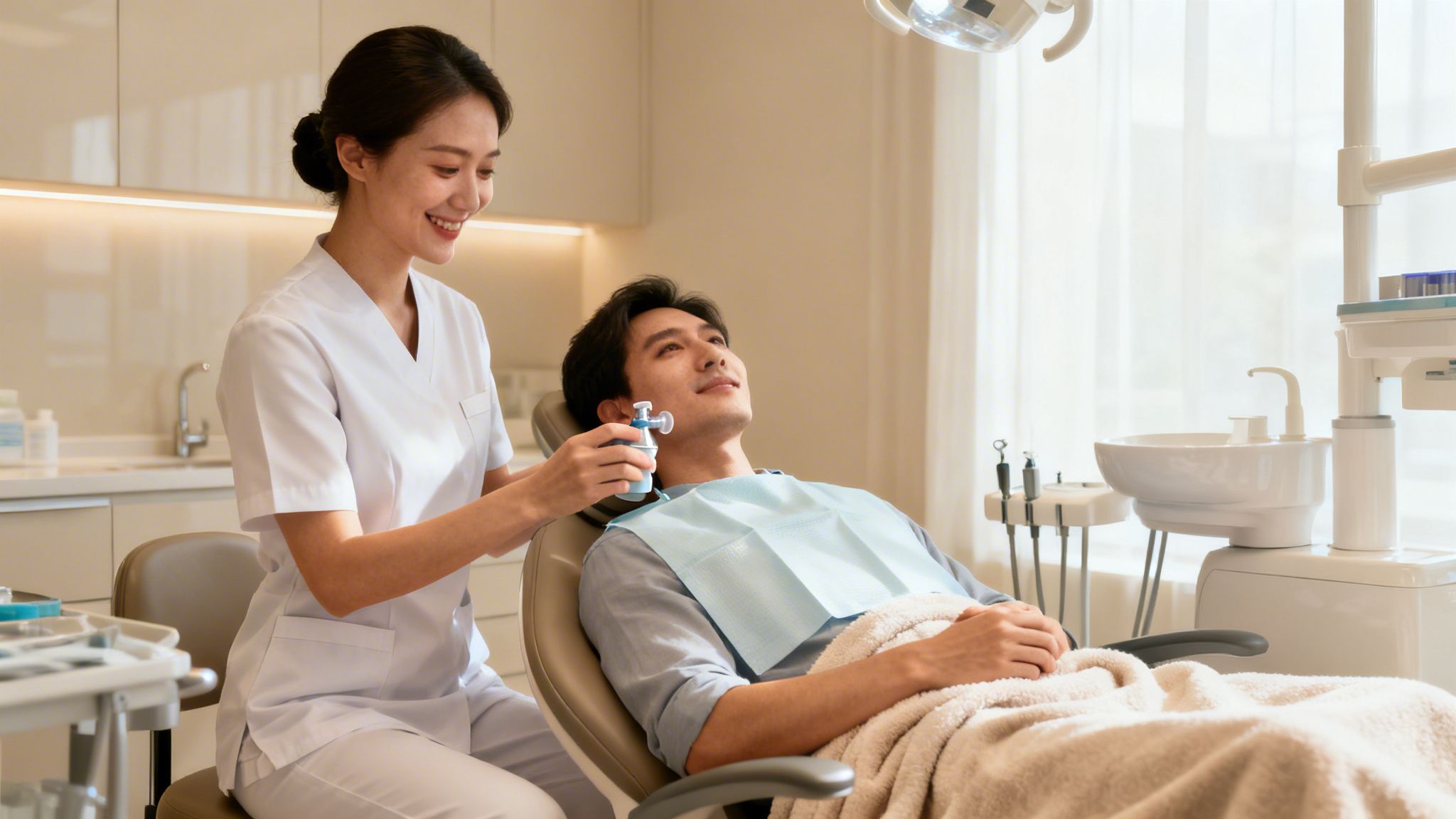 Smiling dentist helping a relaxed patient in a modern dental office.