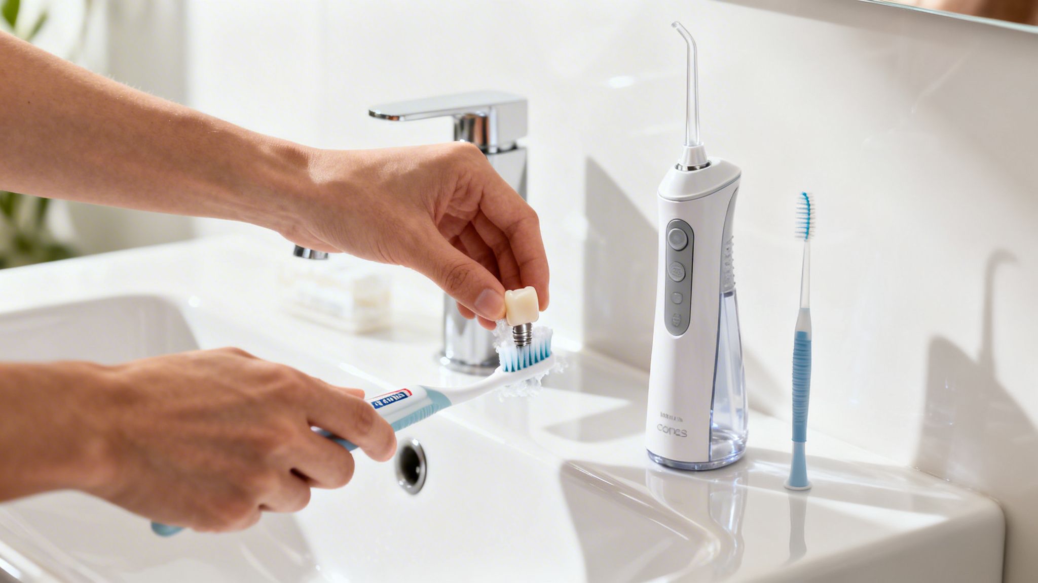 A person demonstrates brushing a dental implant model with a toothbrush in a clean bathroom sink.