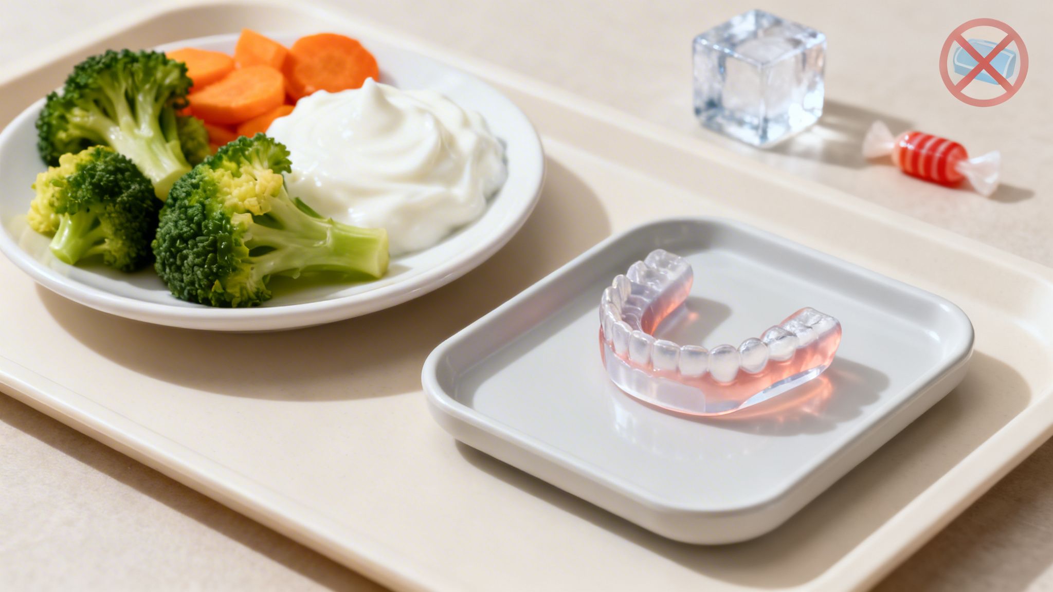 Healthy vegetables and a dental retainer, with a 'no' symbol over candy and ice.