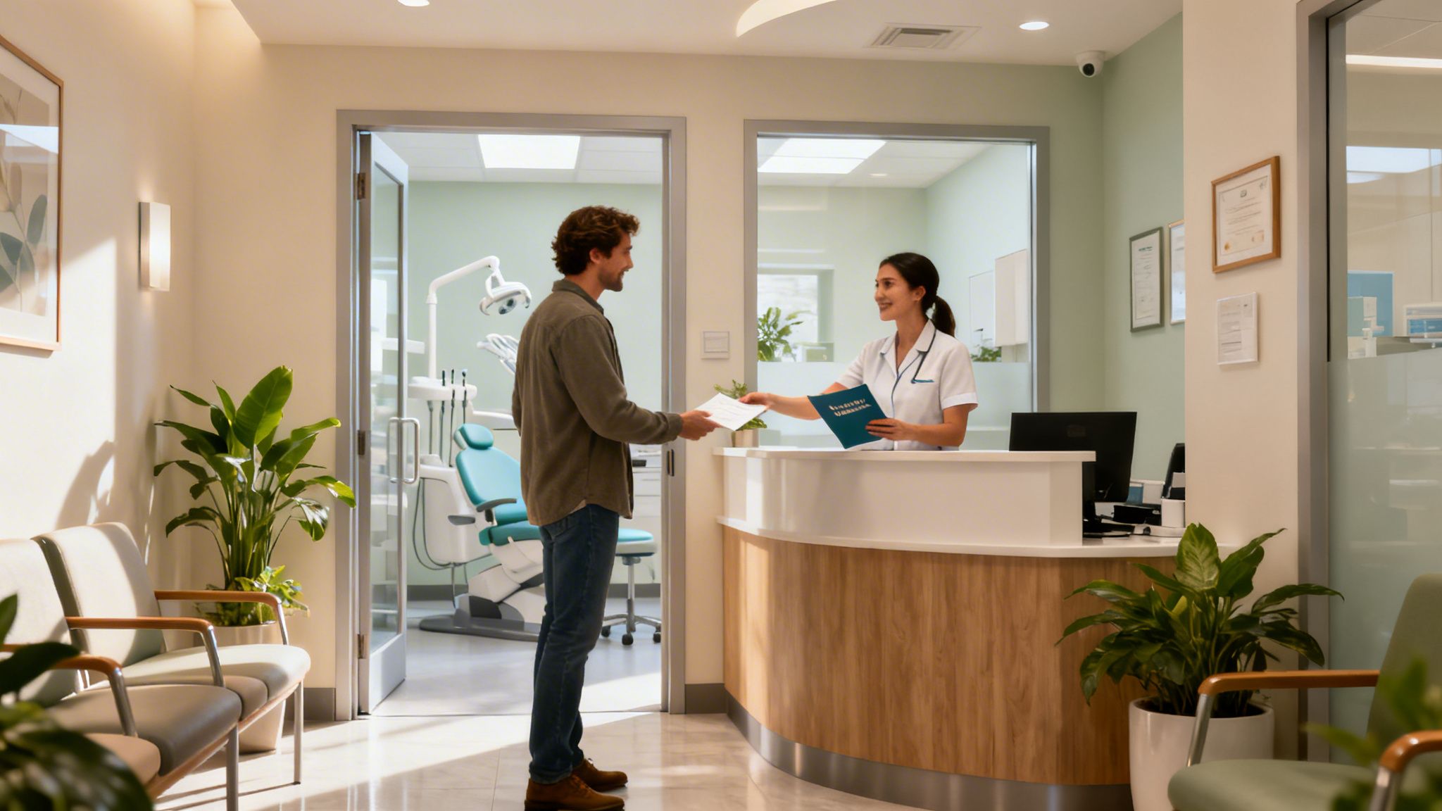 A smiling nurse hands documents to a male patient at a modern dental office reception desk.