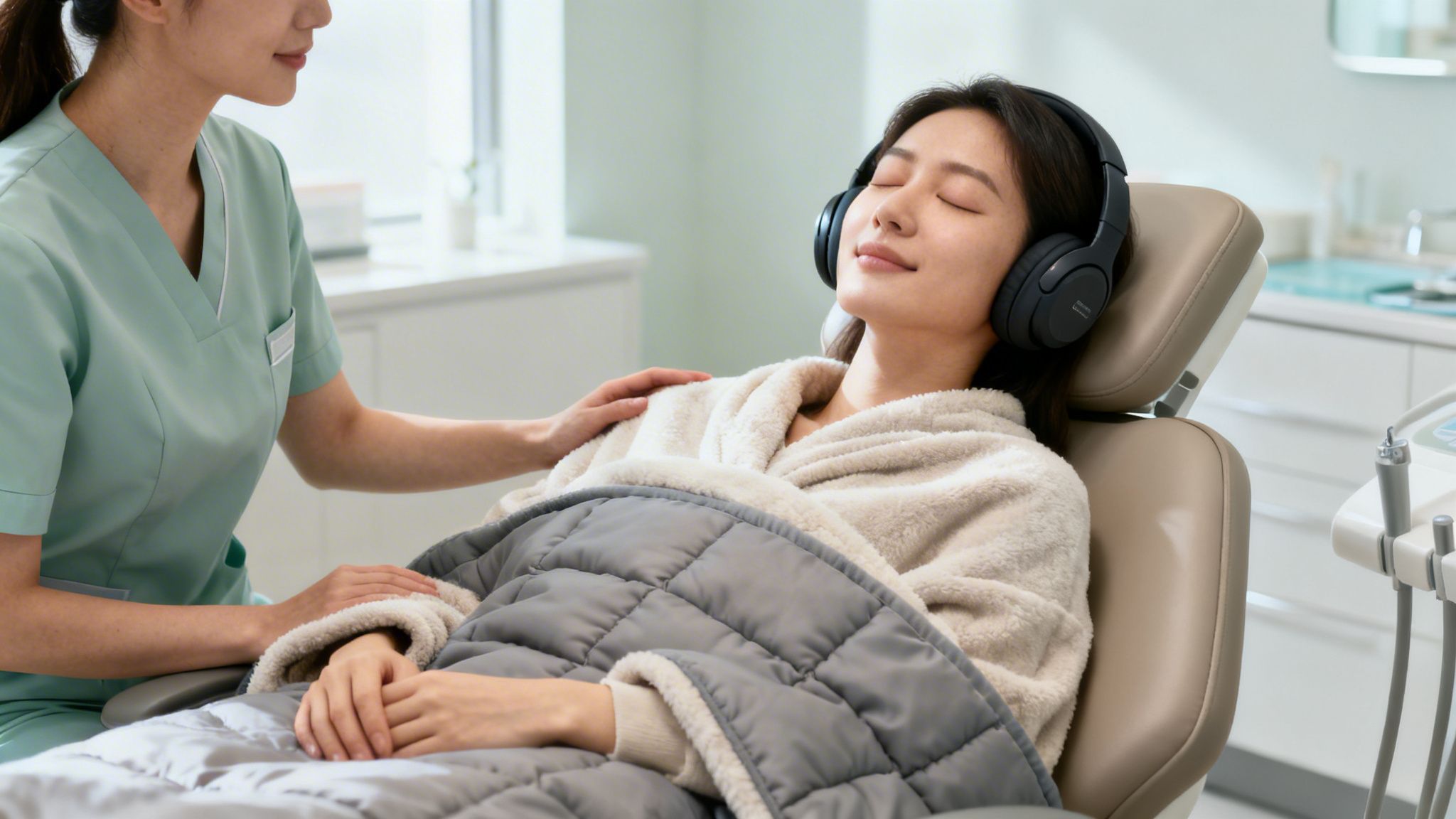 A dental nurse comforts a relaxed patient in a dental chair, wearing headphones and a cozy blanket.