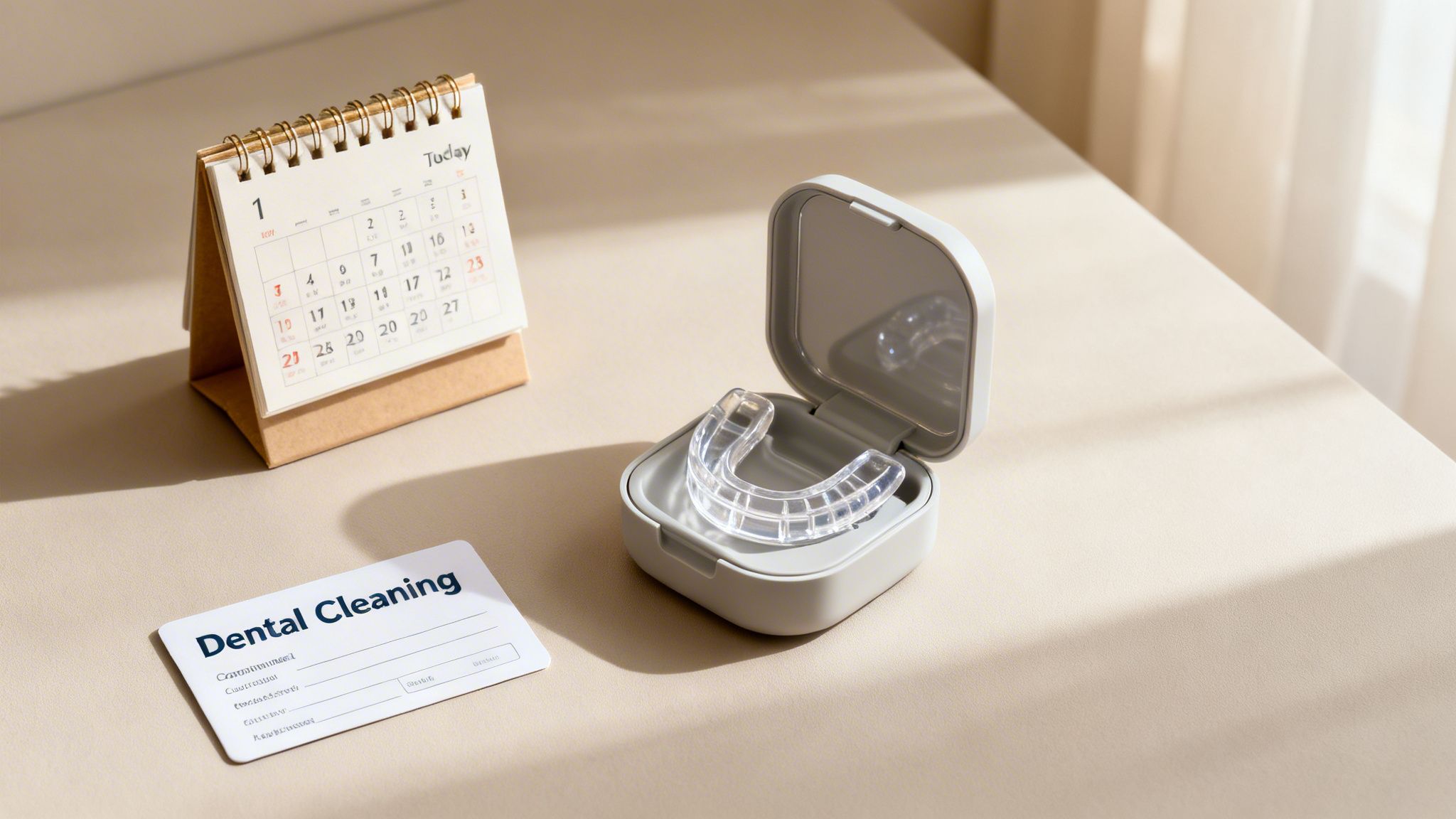 A desktop calendar, a clear dental aligner in its case, and a 'Dental Cleaning' card on a desk.