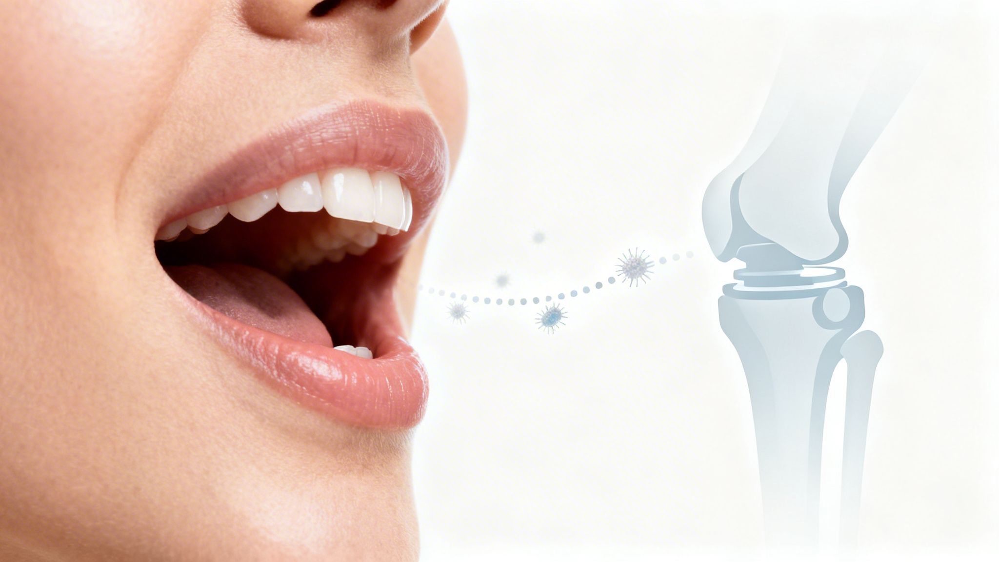 Oral microbes spread from a human mouth to an illustrated knee joint, symbolizing systemic health impact.