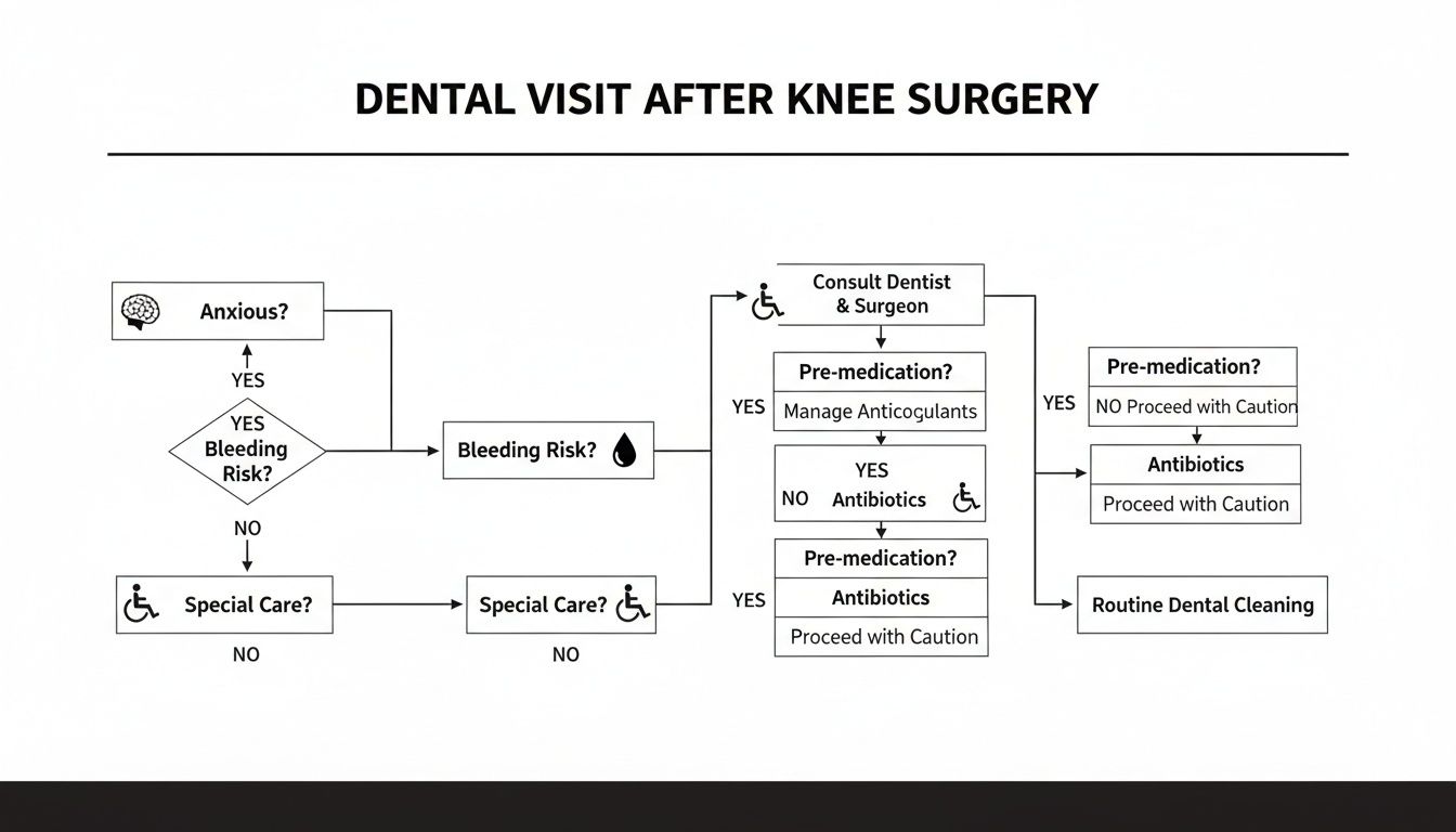 A flowchart outlining the decision process for a dental visit after knee surgery, covering anxiety, bleeding risk, and pre-medication.