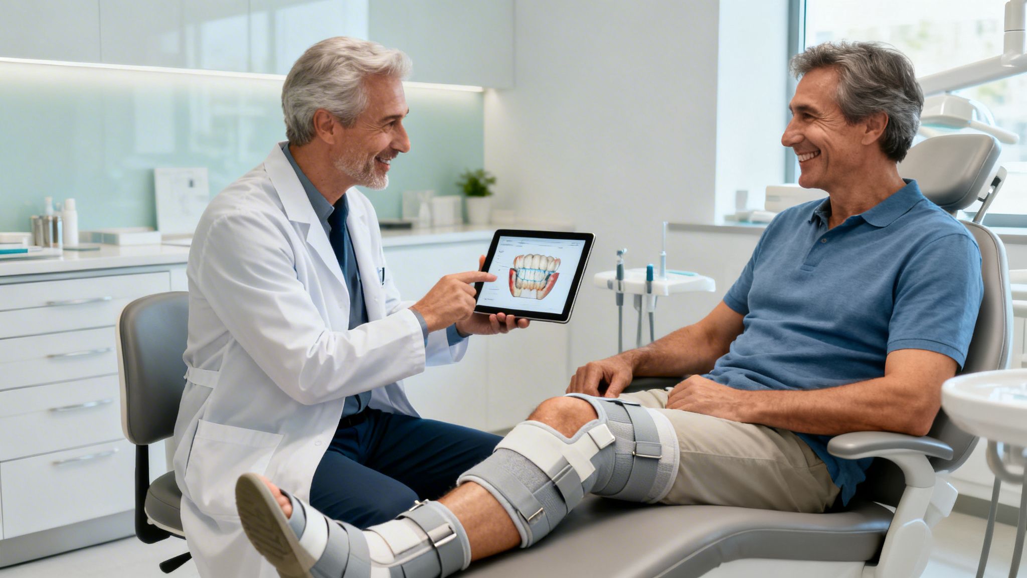 Dentist showing a digital dental model on a tablet to a smiling male patient with a leg brace.