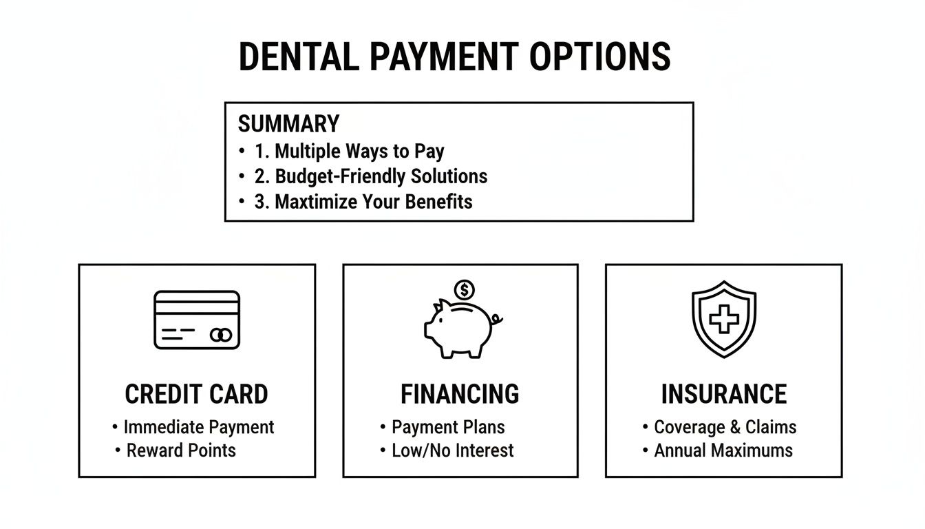 Infographic illustrating various dental payment options, including credit cards, financing, and insurance coverage.