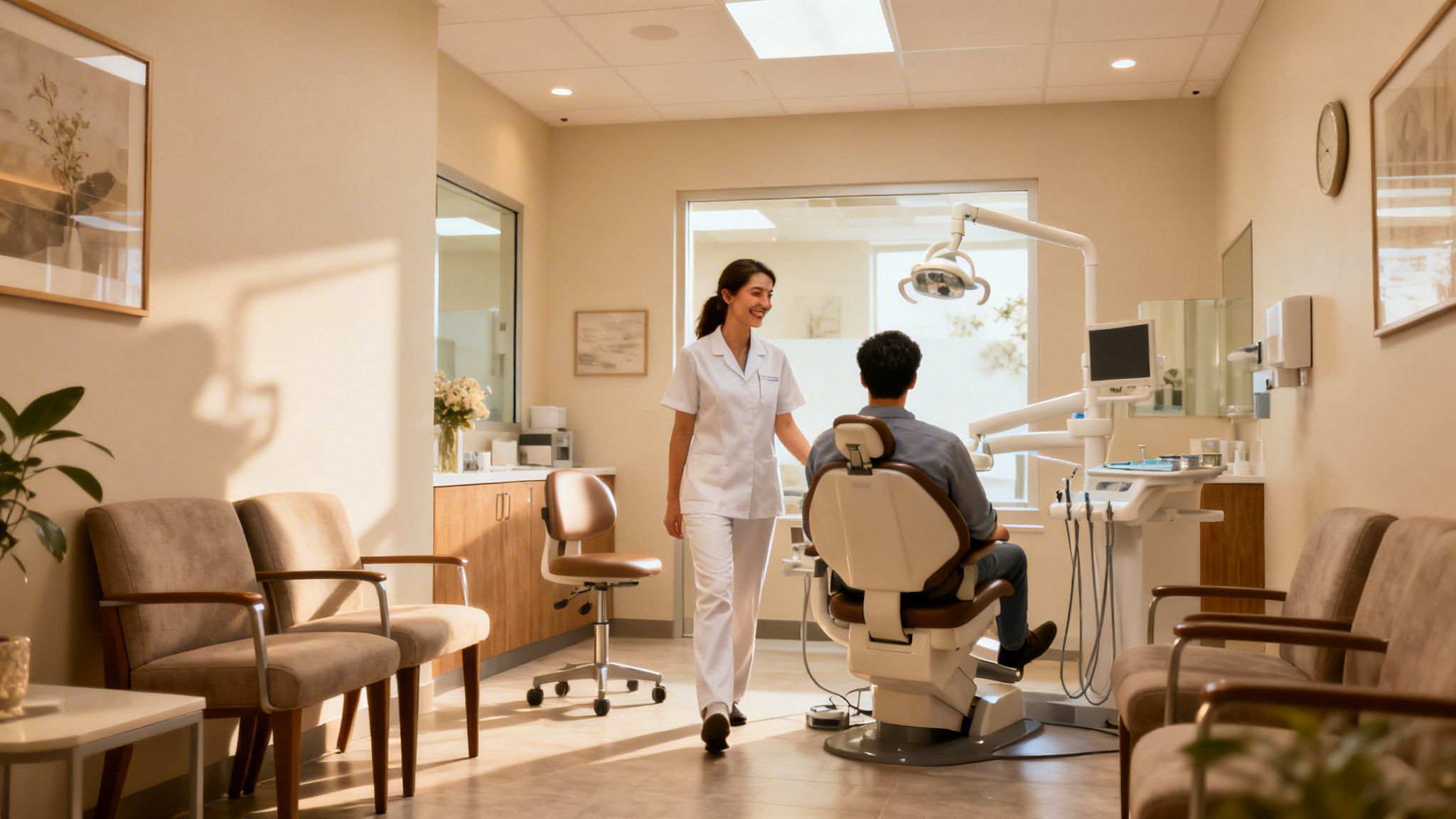 A friendly dental professional approaches a patient in a modern, well-lit dental office.