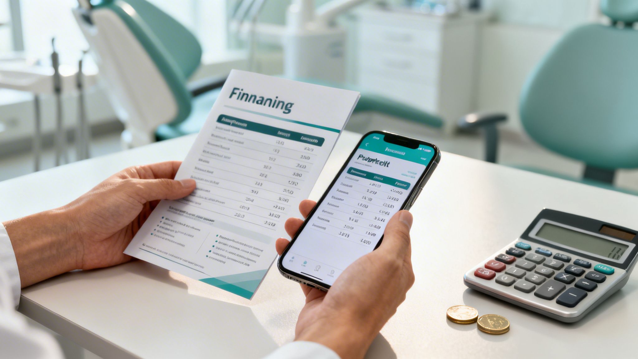 A person compares financial details on a printed document and a smartphone app in a dental office.