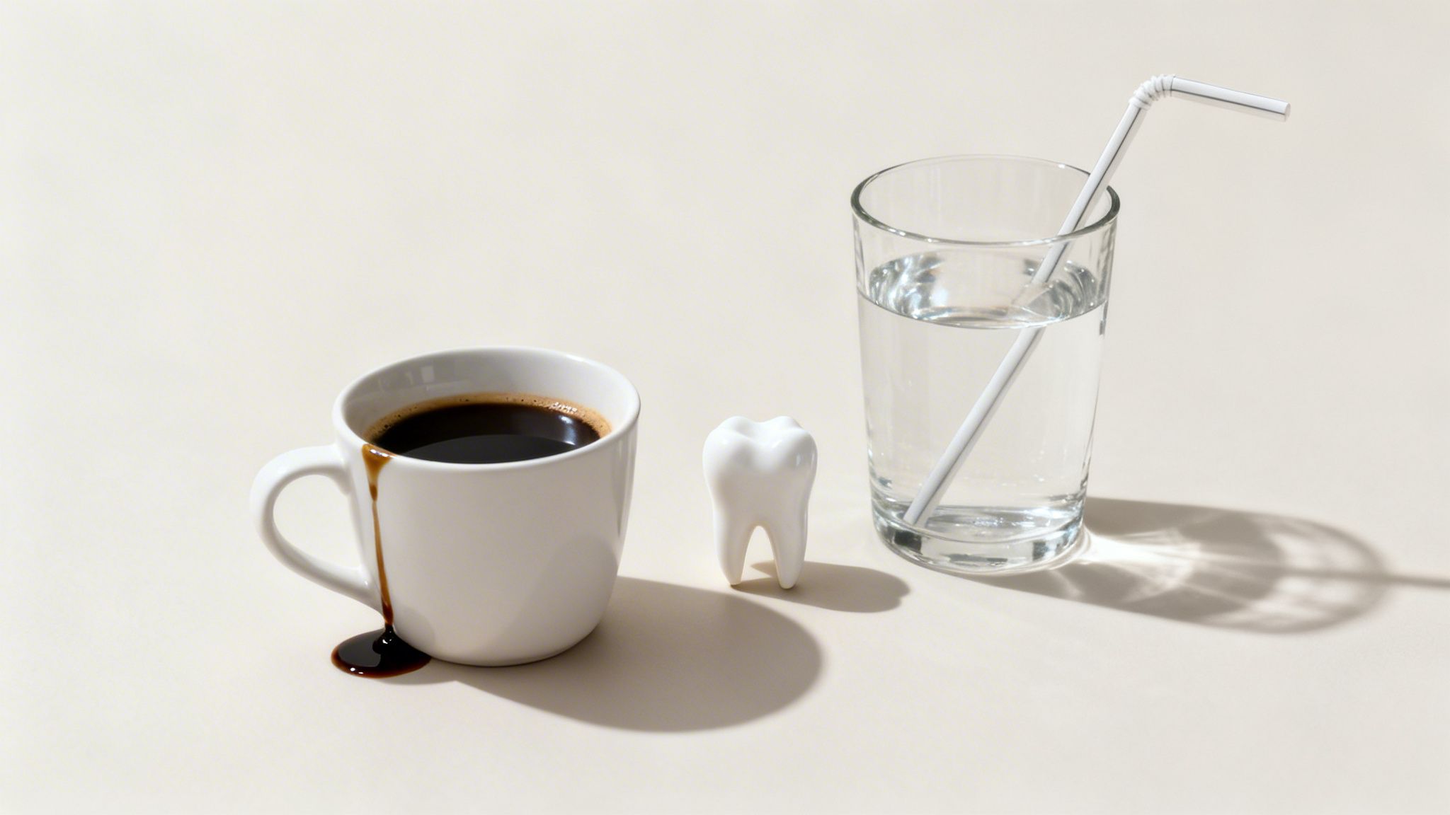 A white coffee cup with spilled coffee, a model tooth, and a glass of water, highlighting dental health.
