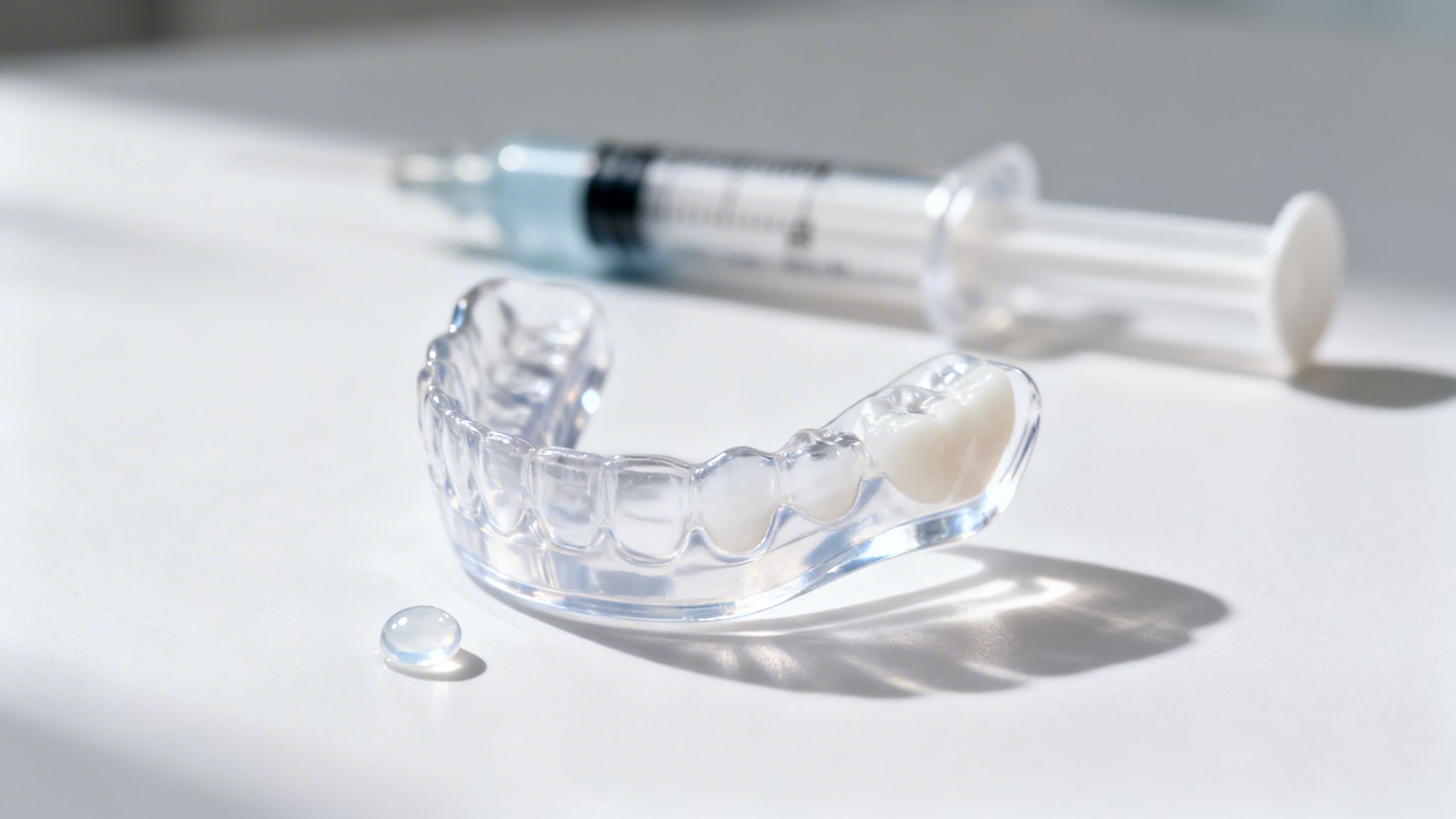 Close-up of a clear dental aligner, a syringe, and a gel drop on a white surface.
