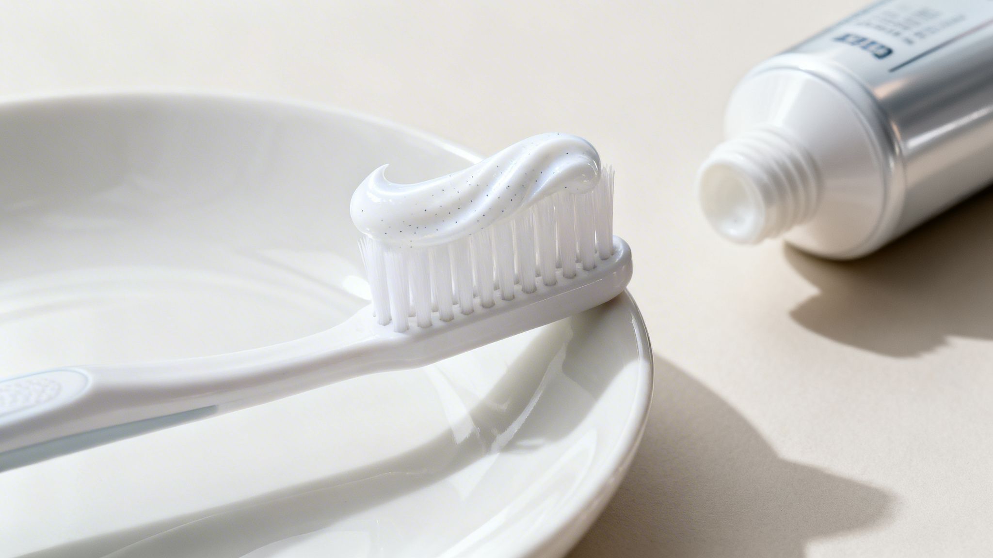 Close-up of a white toothbrush with toothpaste on bristles, next to an open toothpaste tube.