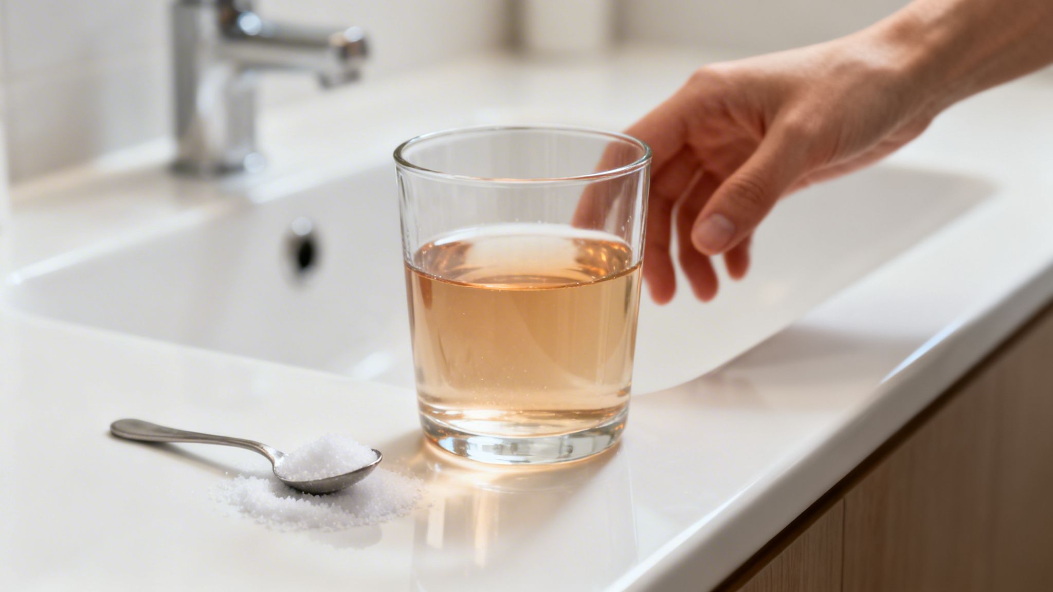 A hand reaches for a glass of amber liquid next to a spoon with salt on a bathroom counter.