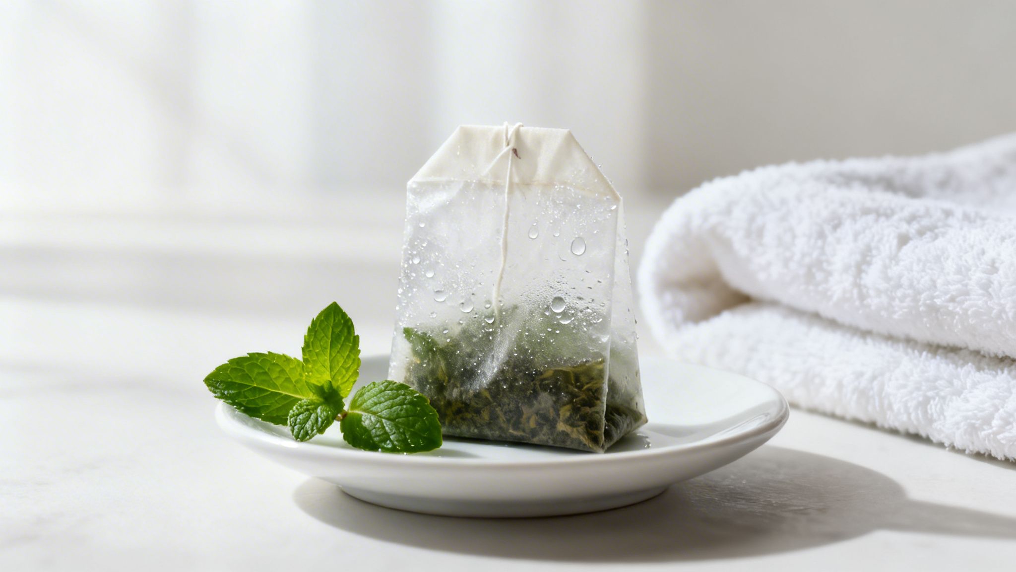 A damp tea bag with green leaves and fresh mint on a white saucer, next to a folded towel.