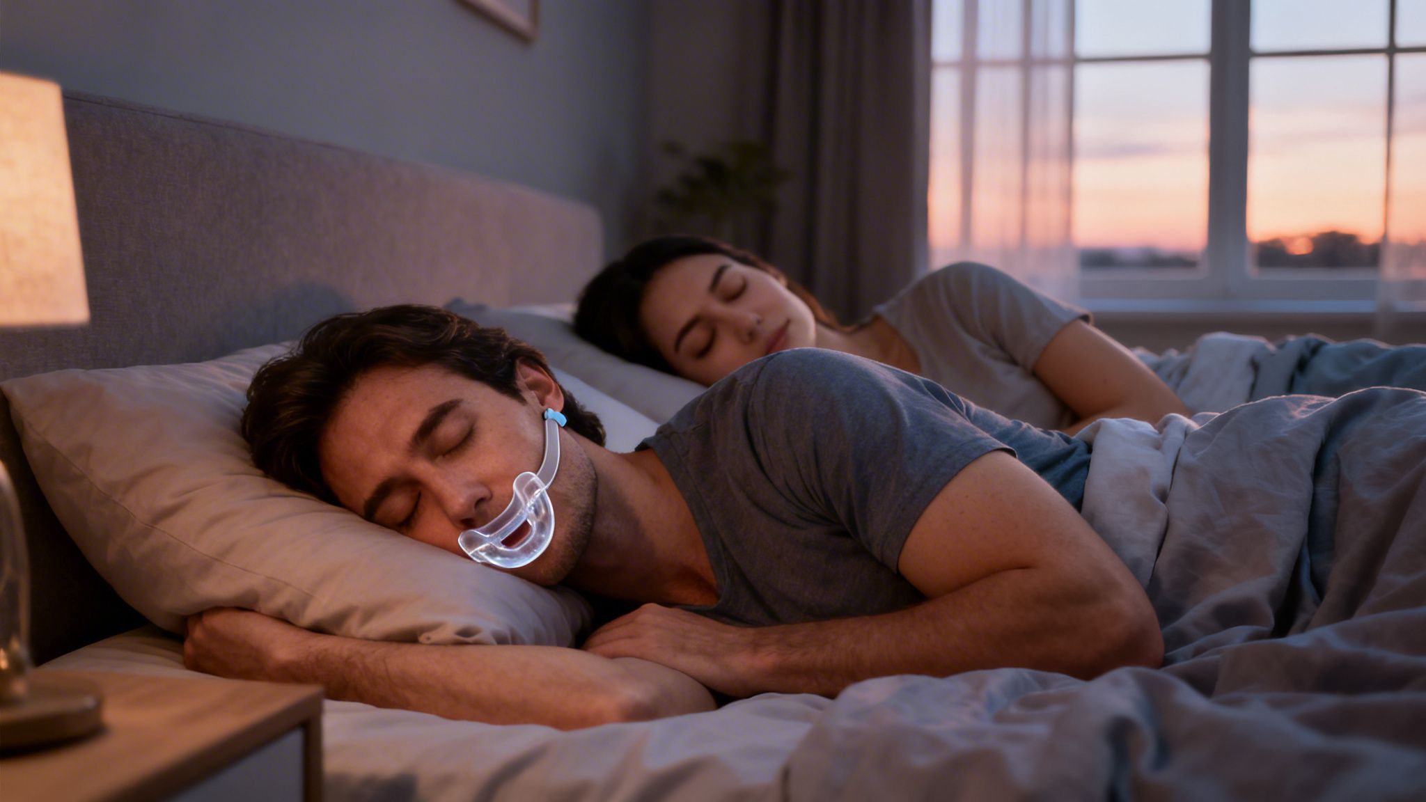 A man sleeps soundly in bed wearing a clear, glowing snore guard, next to a woman.