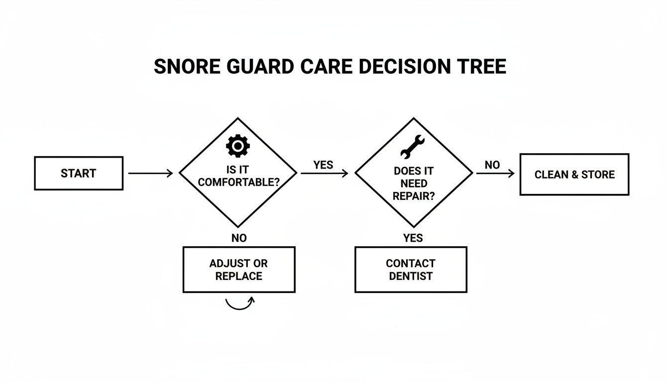 Flowchart illustrating the snore guard care decision process for comfort, repair, and maintenance.