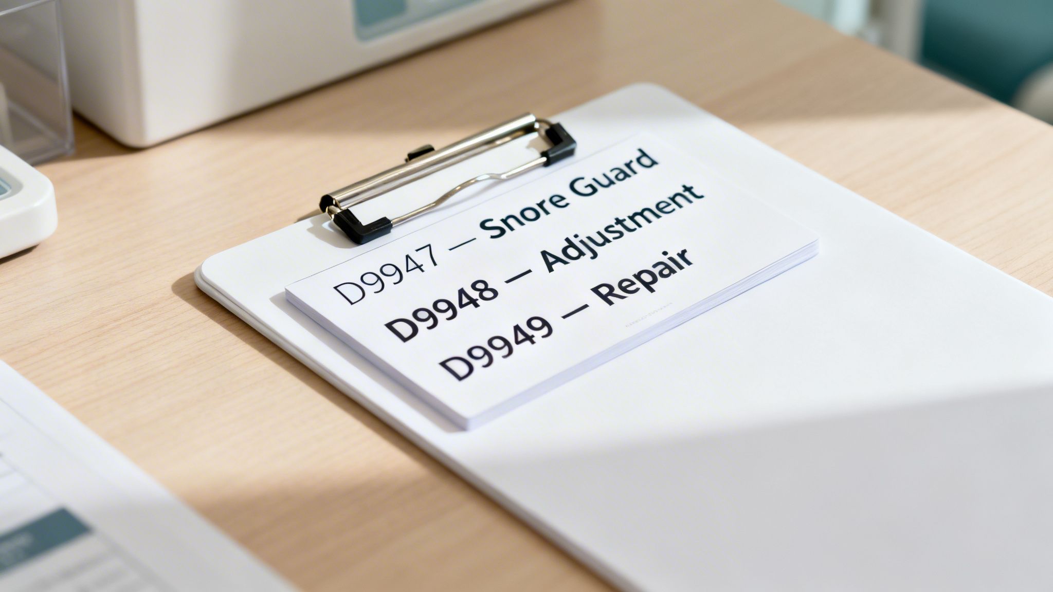 A clipboard holds papers displaying ADA dental codes for snore guards, adjustments, and repairs.