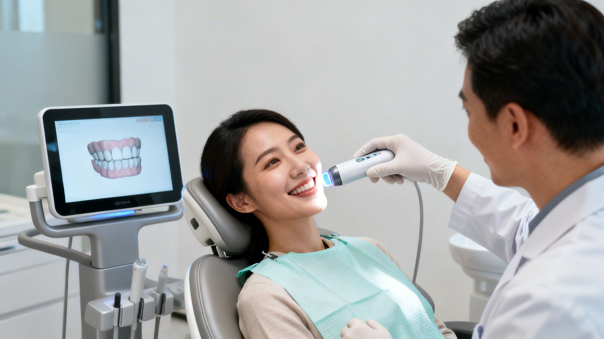 Dentist uses an intraoral scanner on a smiling patient's teeth, with a 3D model on a screen.