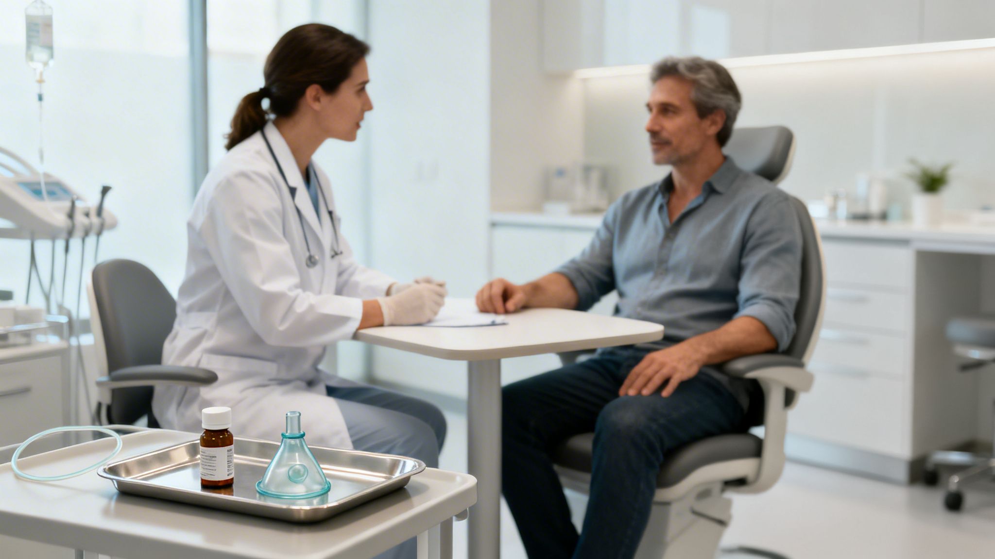 A female dentist in a white coat and gloves consults a male patient in a modern dental office.