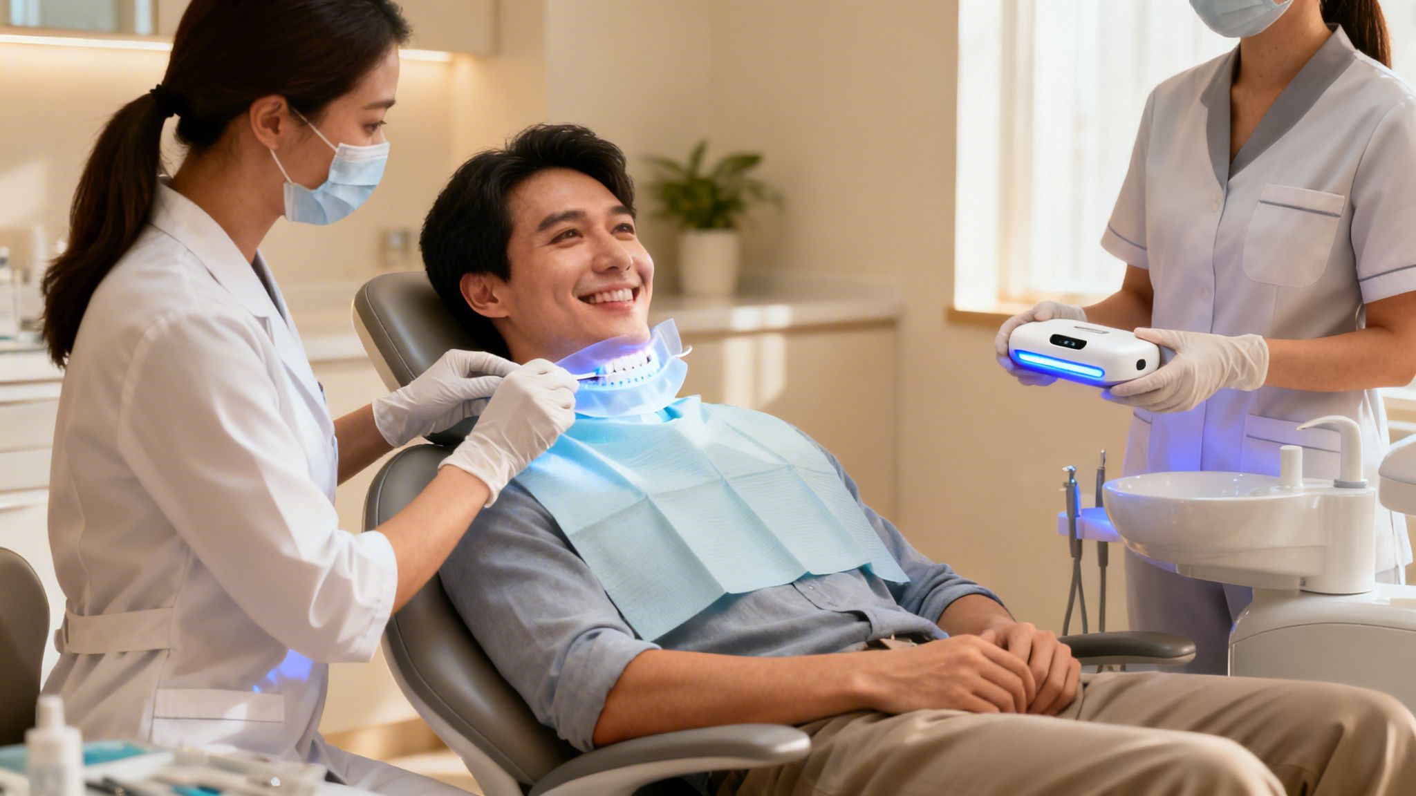Smiling man in dental chair receiving professional teeth whitening treatment from two dentists.