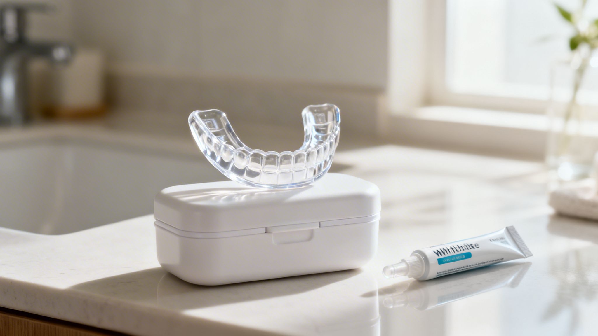 A clear dental whitening tray sits on a white case with Whitenhite gel on a bathroom counter.