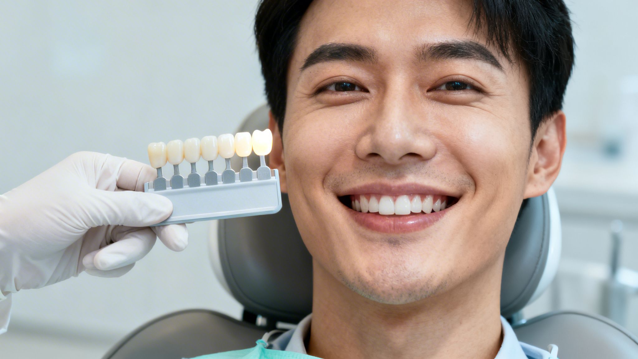 Smiling man in dental chair, dentist comparing tooth shades with a guide for whitening.