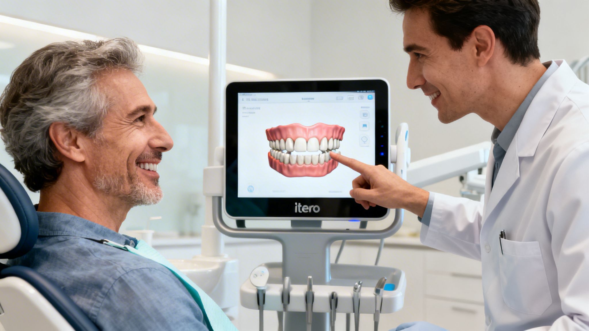 Dentist explains digital teeth model on screen to a smiling male patient during a consultation.