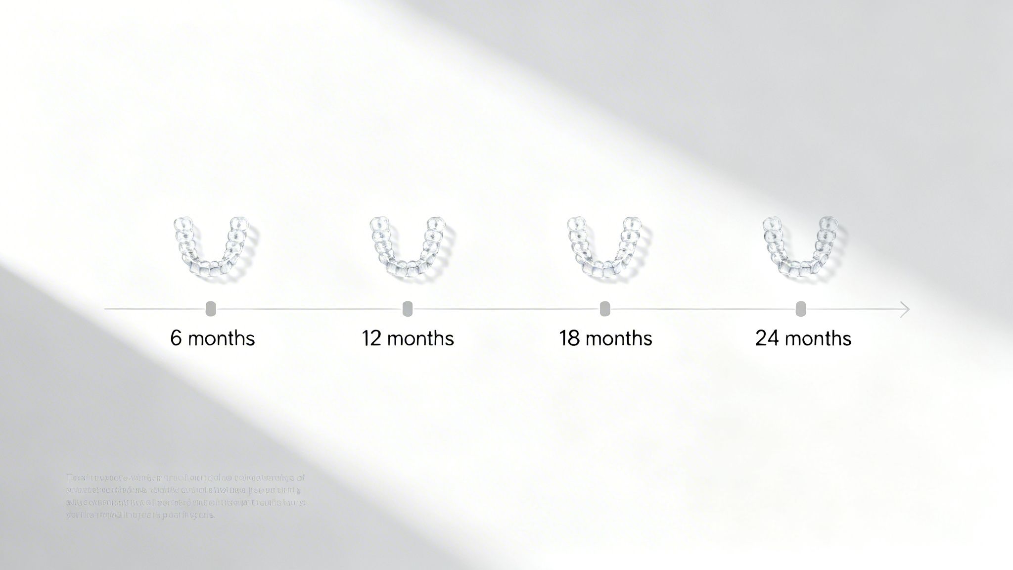A clear aligner timeline showing progression over 6, 12, 18, and 24 months.