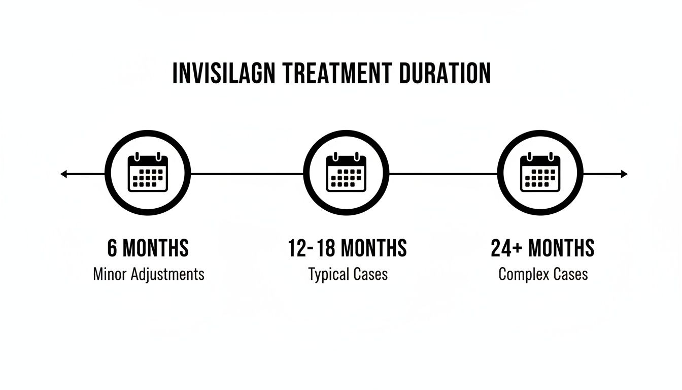 An infographic timeline showing Invisalign treatment durations: 6 months for minor, 12-18 months for typical, and 24+ months for complex cases.