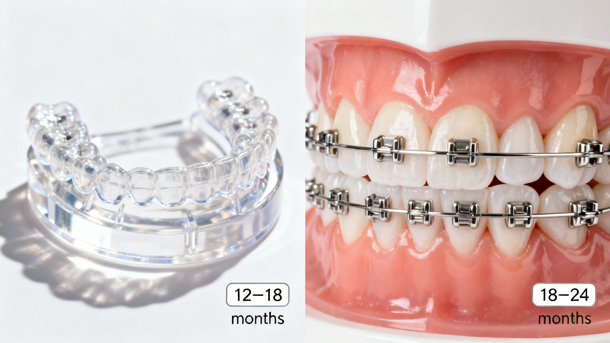 Comparison of a clear dental aligner and traditional metal braces on a dental model with their respective treatment durations.