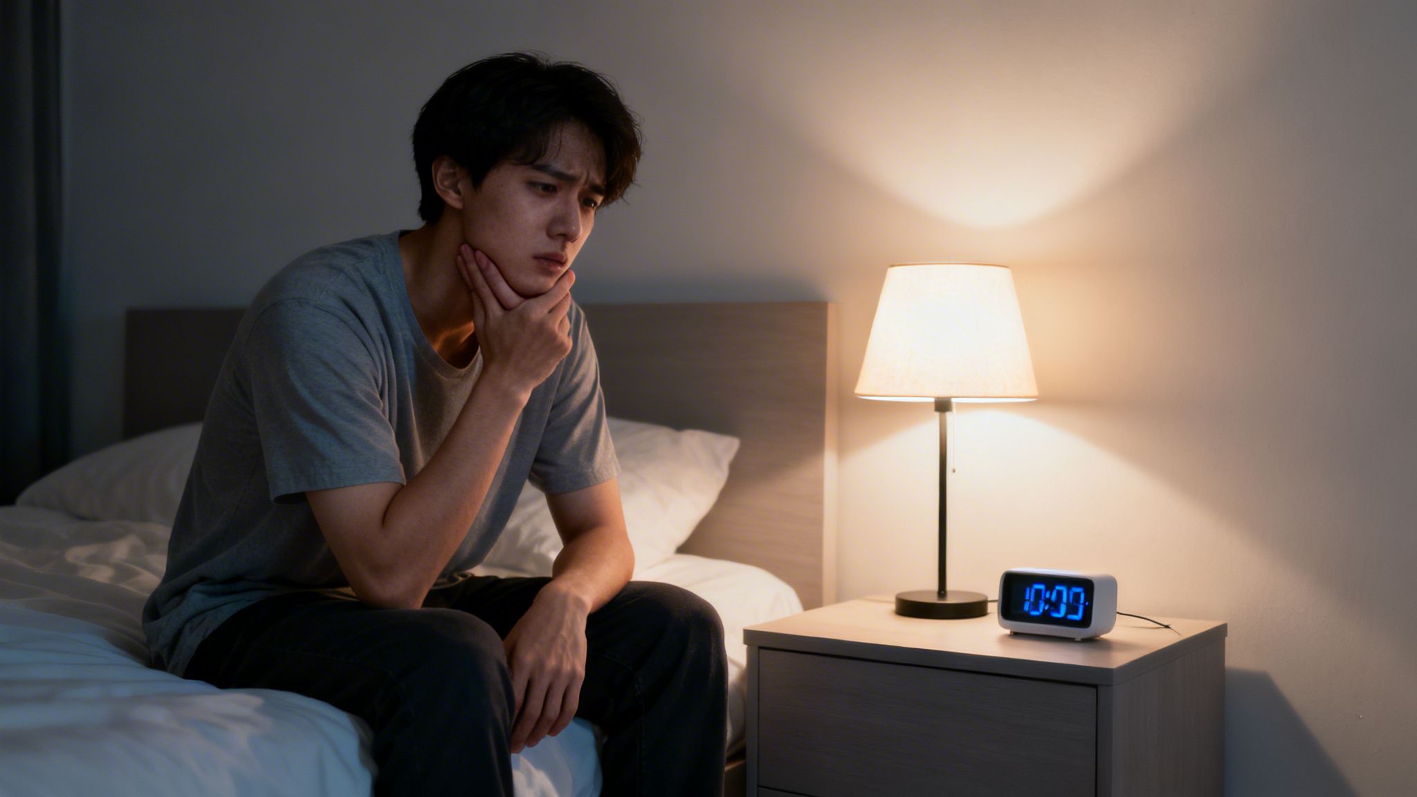 A worried young man sits on his bed at night, unable to sleep, next to a lamp and alarm clock.