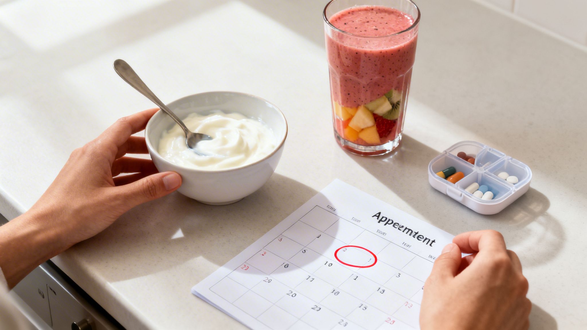 A person holds yogurt near a fruit smoothie, pill organizer, and a calendar with an appointment.